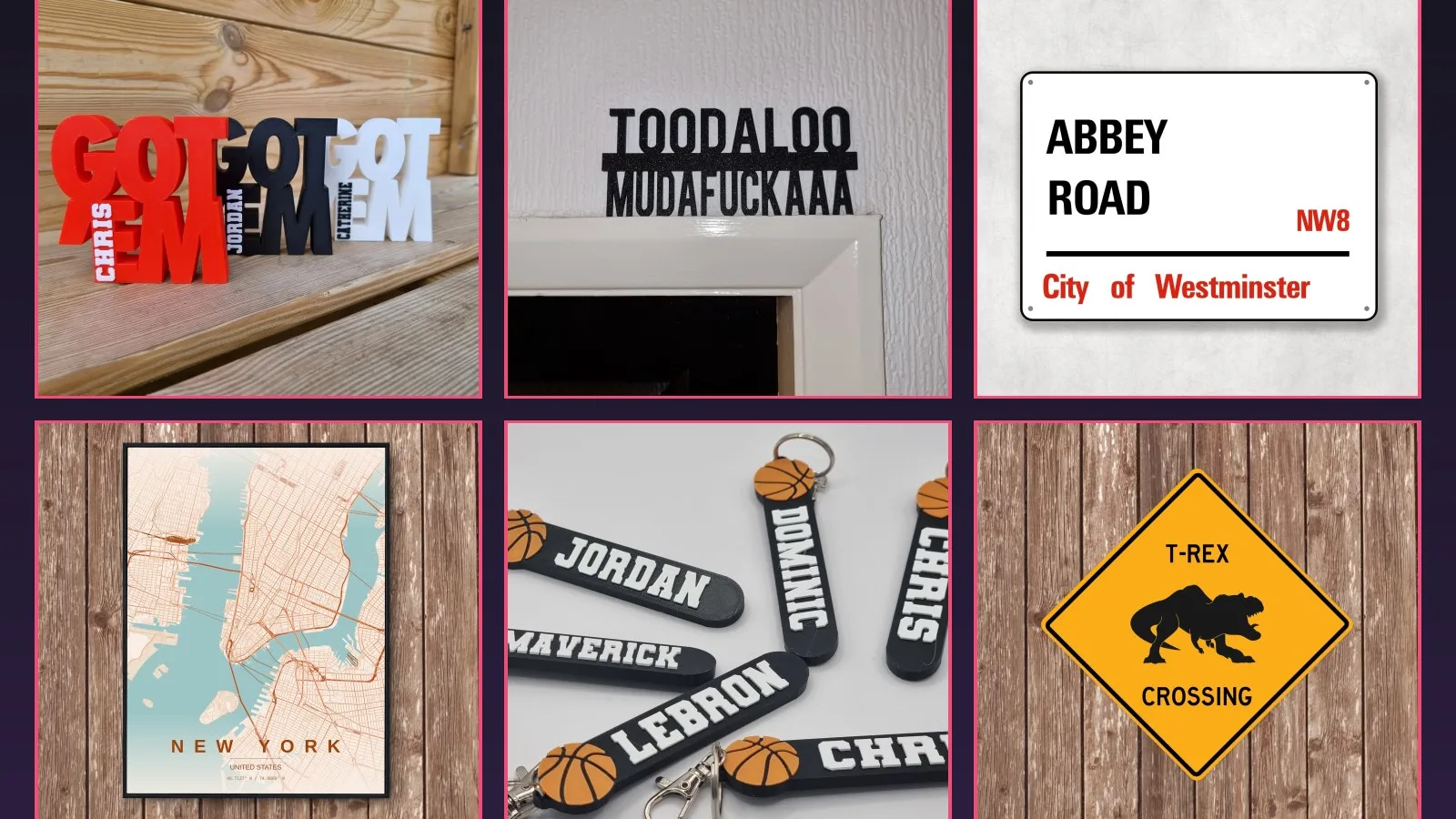 A selection of The Quirky Gift Co products — personalised name signs, a door topper, an Abbey Road street sign, a New York map print, basketball keyrings and a T-Rex crossing sign.
